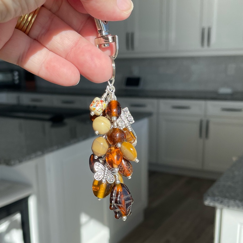 Handmade Long Brown Bead Grape Hand Bag Charm Keychain Snap Hook Clip